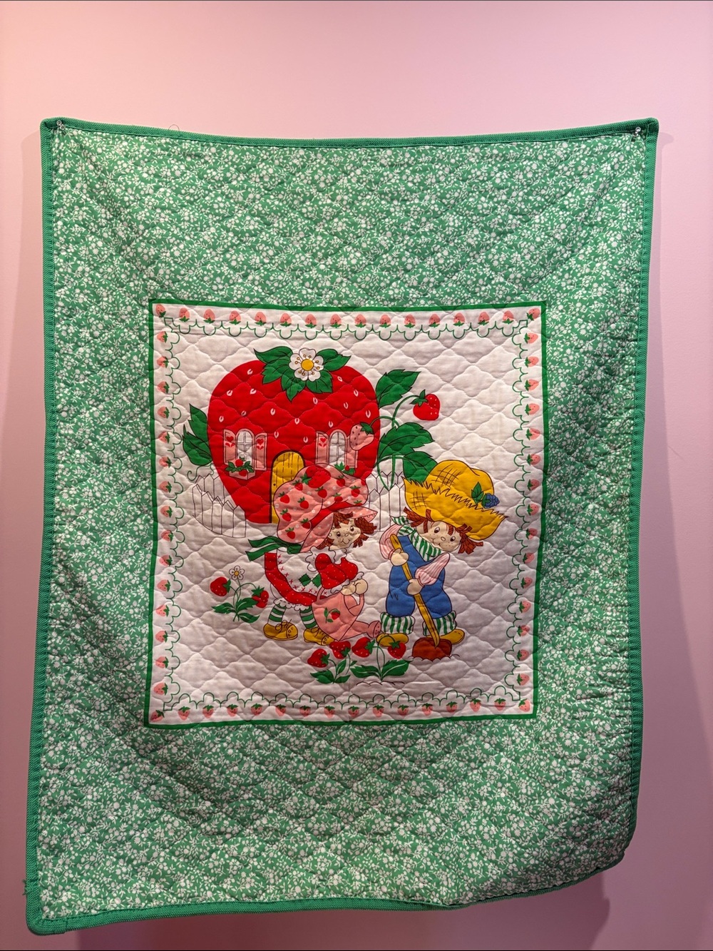 Vintage Strawberryshortcake Kids Quilt - Green Floral Border.